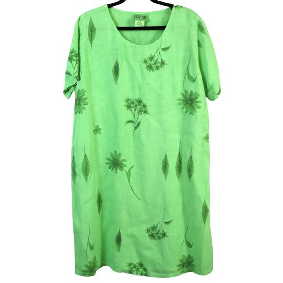Cotton Stuff Classics Dresses & Skirts - Vintage 90s Green LINEN Casual Dress Floral Cotton Stuff Classics Large USA